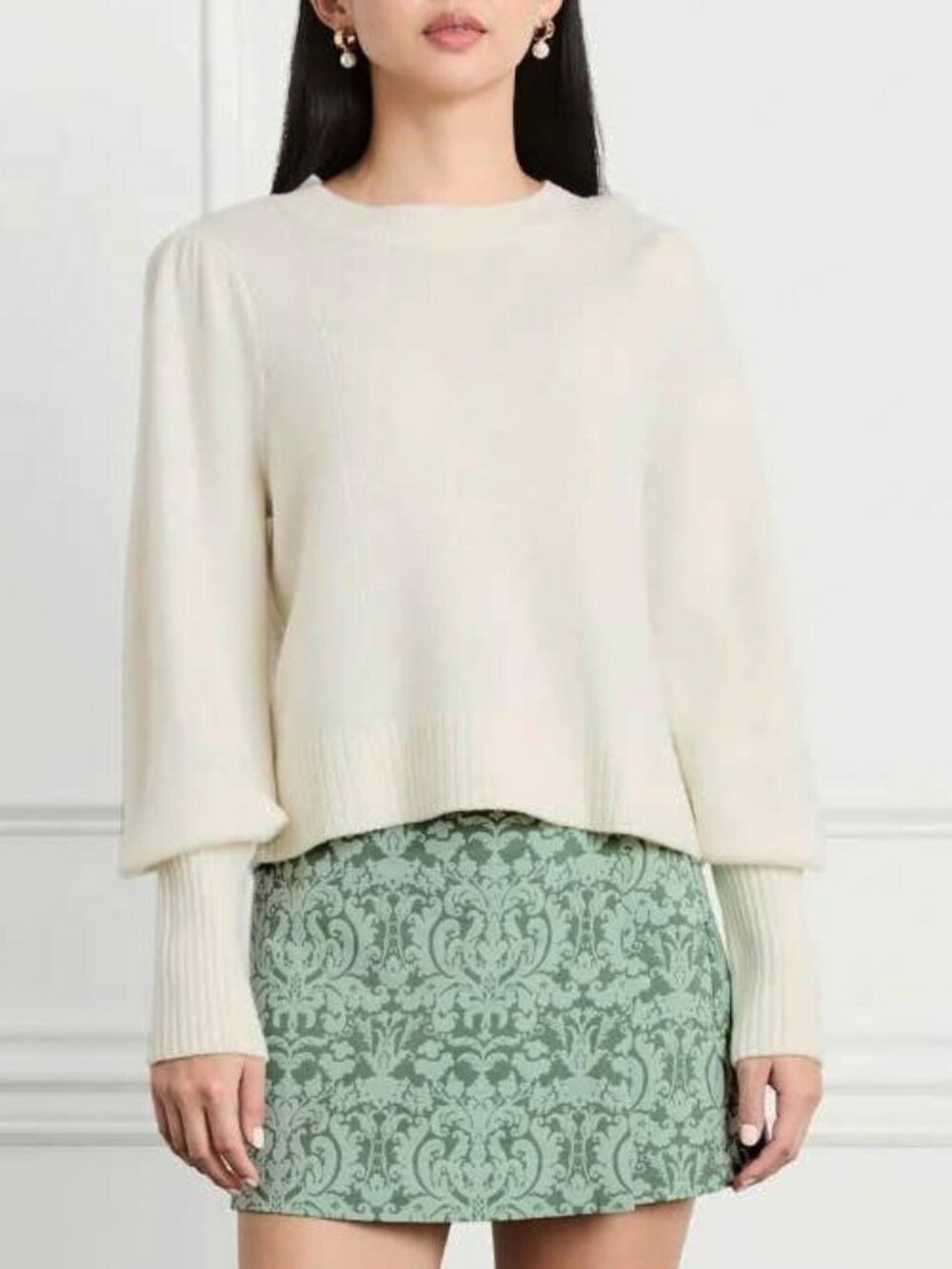 New Hill House Sylvie 100% Wool Puff Sleeve Sweater Ivory L-XL fit